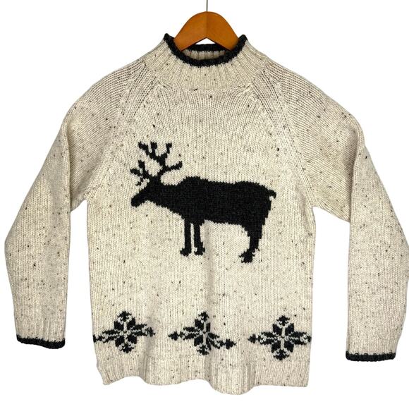 Eddie Bauer Wool Sweater Women’s XS Caribou Reindeer Nordic Fair Isle Cream Gray - Picture 1 of 5